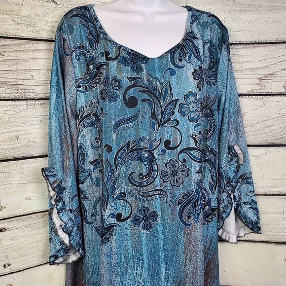 Lily by Firmiana Blue Paisley Tunic Dress Size XXL Ruffle Sleeve Boho - Picture 2 of 7